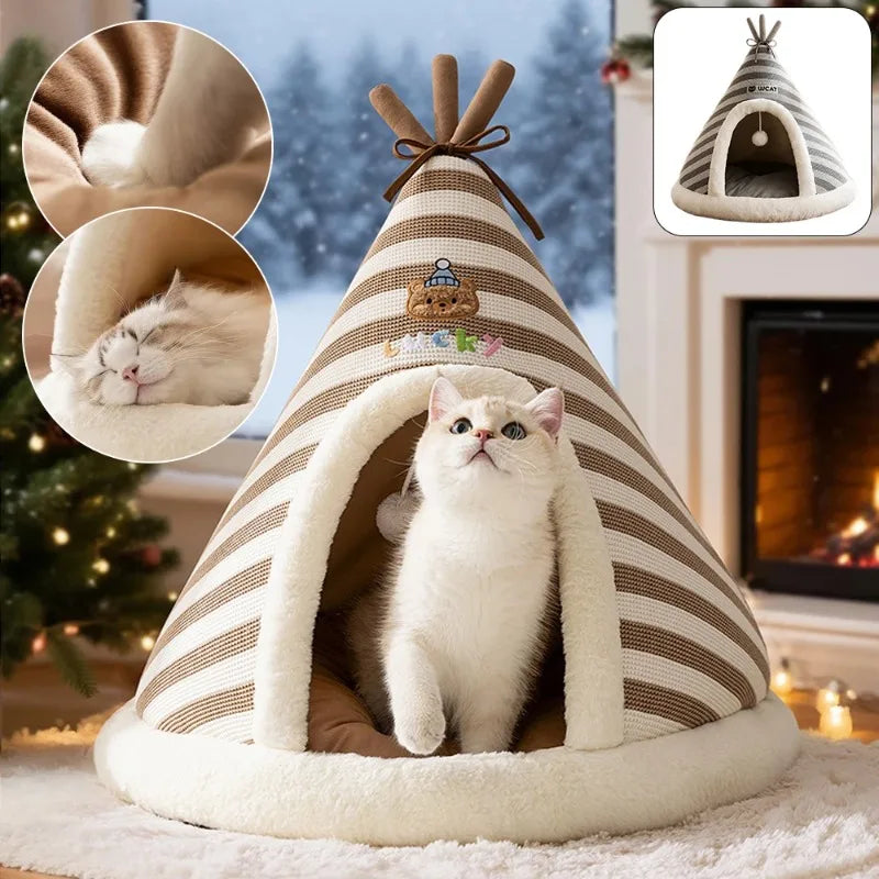 Cozy Self-Warming Plush Cat Tent Bed - Perfect Winter Retreat for Indoor Cats and Small Dogs with Removable Washable Cover
