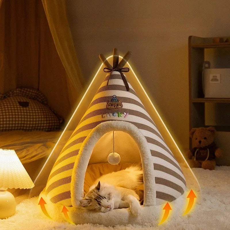 Cozy Self-Warming Plush Cat Tent Bed - Perfect Winter Retreat for Indoor Cats and Small Dogs with Removable Washable Cover