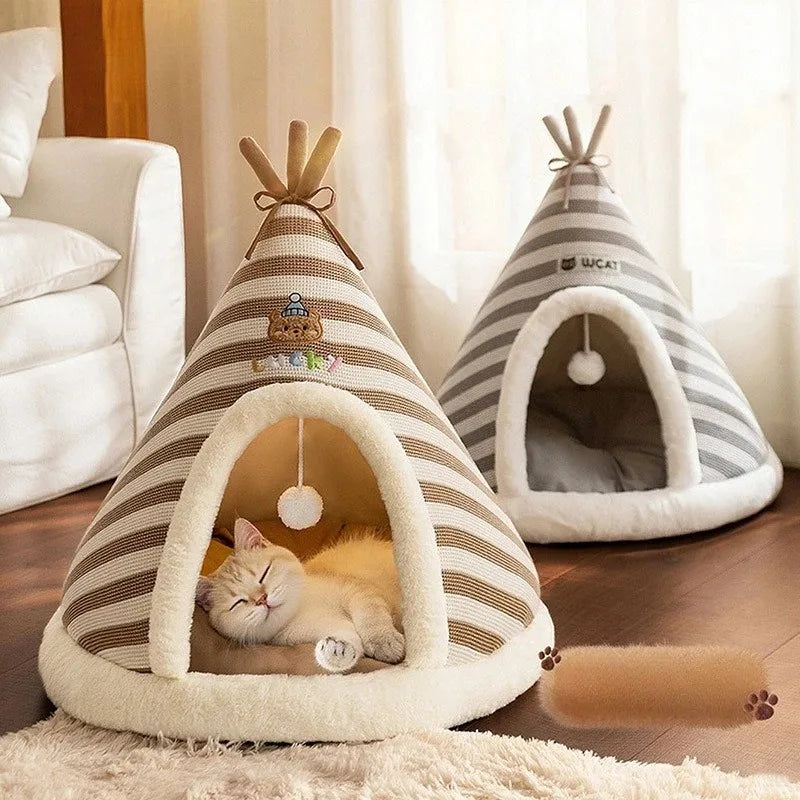 Cozy Self-Warming Plush Cat Tent Bed - Perfect Winter Retreat for Indoor Cats and Small Dogs with Removable Washable Cover