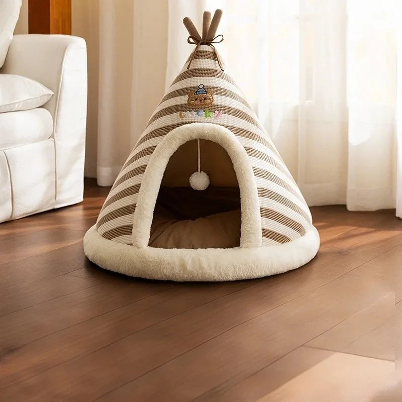 Cozy Self-Warming Plush Cat Tent Bed - Perfect Winter Retreat for Indoor Cats and Small Dogs with Removable Washable Cover